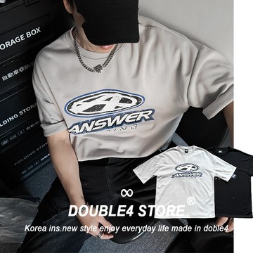 【DOUBLE4】韓國 賽車風 復古 斑駁 ANSWER 寬鬆 大寬版 男女 男裝 短袖 短Tee 2503