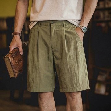 Wuluwear 天絲亞麻混紡短褲男美式復古老錢風夏季垂墜感透氣通勤素色五分褲潮