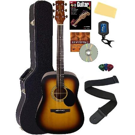 Jasmine S35 Dreadnought Acoustic Guitar Matte Sunburst Bundle with Hard Case, Strings, Tuner, Strap, Picks, Instructional Book, Austin Bazaar Instru