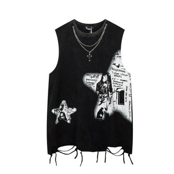 XPKAEAX原創潮牌水洗做舊痞帥炸街項鏈裝飾無袖坎肩背心夏季ins潮