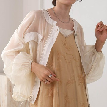 日本 Bab - 優美透膚精緻感抽繩薄外套-米白