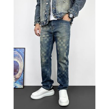 馬賽克棋盤格牛仔褲男潮牌直筒彈力高街美式設計感印花春秋款褲子