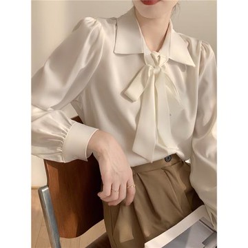 白色蝴蝶結襯衫女長袖設計感小眾職業氣質系帶襯衣雪紡上衣秋季
