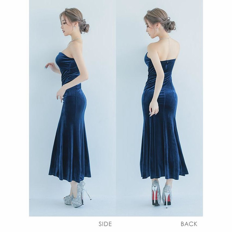 ロング キャバ ドレス ベロア タイト ベアトップ マーメイド