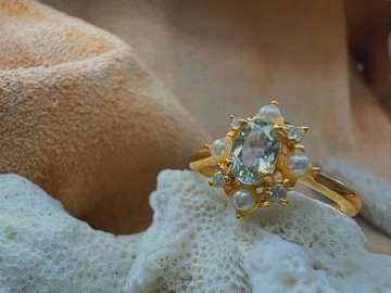 【 Ariel 】—藍綠色碧璽珍珠戒/金色調節戒台