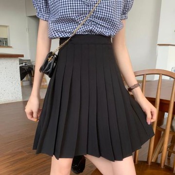 tb黑色百褶裙女夏裝大碼高腰a字裙顯瘦短裙胖mm學院風遮胯半身裙