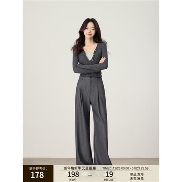 崛起的小個子灰色西裝褲女秋季直筒高腰闊腿褲垂感高級感休閑褲子