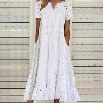 女裝歐美跨境新款2024亞馬遜速賣通爆款V領短袖鏤空長款連衣裙女