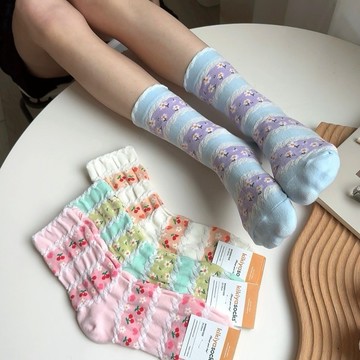 Anyshop韓國襪  素色拼色櫻桃小花中筒襪 浮雕花 植物襪 復古風 韓國襪 韓國襪子 長襪 女襪 16501