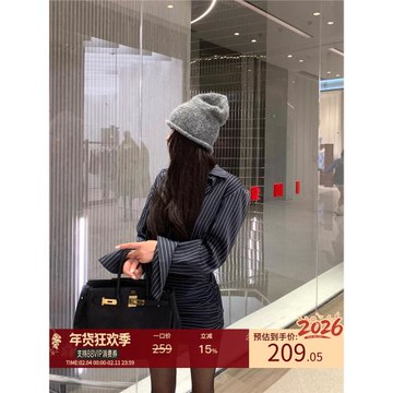 區區歐陽條紋長袖襯衫連衣裙女夏季新款收腰修身顯瘦復古包臀裙子
