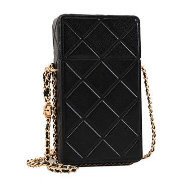 TORY BURCH 163417 Fleming 菱格壓紋皮革穿鏈斜背手機包.黑