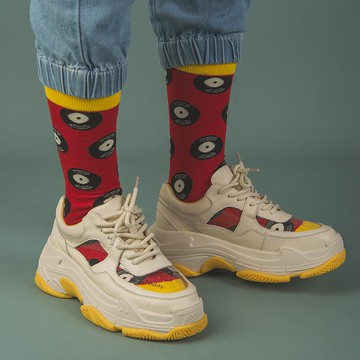 三雙 鹿妖商店 黑膠唱片 撲克牌織花棉襪 百搭短襪復古潮流