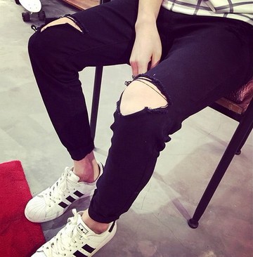 韓國 三角 破膝褲 破膝蓋 刀割 破褲 牛仔 彈性 窄版 特惠中