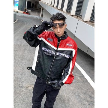 VE2 美式街頭皮衣男棒球服機車夾克拼接撞色休閑寬松賽車服外套