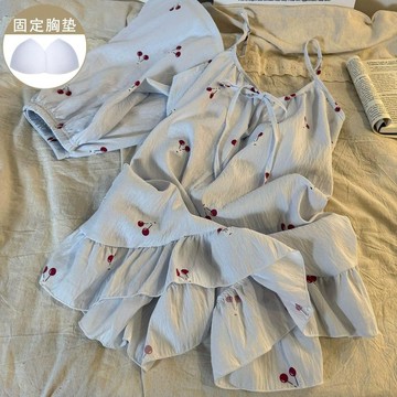 DUYI~夢詩 睡衣女純欲櫻桃印花甜美蝴蝶結夏季帶胸墊吊帶短褲寬鬆家居服套裝