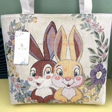 買一送一可愛刺繡帆布包 雙面金絲刺繡兔子單肩包 手提包拉鏈暗袋[倪醬小鋪]