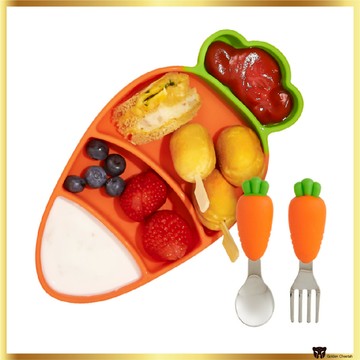 LITTLECLOUD 胡蘿蔔吸盤套裝帶勺子和叉子 | 4節矽膠嬰兒餵奶盤強吸力