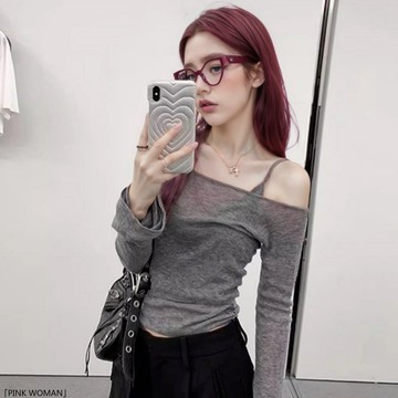 一字肩薄款辣妹上衣+吊帶兩件套裝防曬長袖t恤女夏季純欲