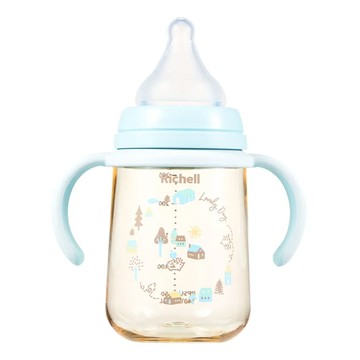 Richell 利其爾 HE PPSU寬口雙握哺乳奶瓶 240mL  森之樂 藍色 + 透明色  1個