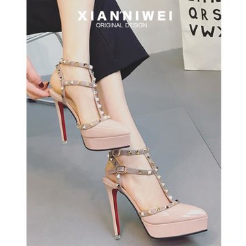 鉚釘裸色高跟鞋女細跟2025春夏季新款羅馬涼鞋網紅性感女單鞋尖頭