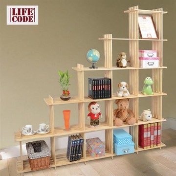 LIFECODE 極簡風黃松木斜十五格架/實木置物架/書架/花架