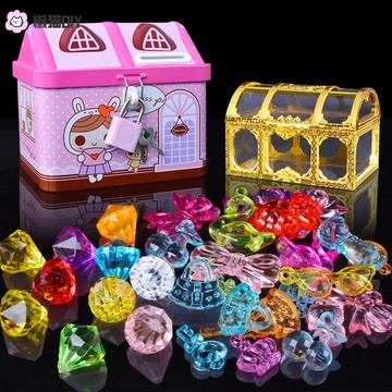 DIY飾品✨ 兒童節寶石玩具七彩鑽石亞克力鐵盒鎖存錢罐女孩海盜寶箱生日禮物 串珠材料 DIY配件 手作配件