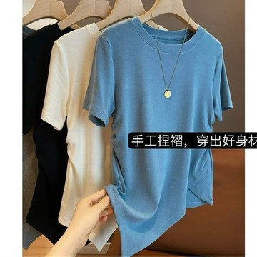 💕甜心大尺碼💕大尺碼設計感不規則修身褶皺短袖T恤女夏季2023年韓國東大門小心機上衣