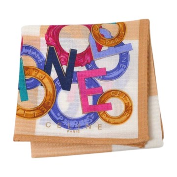 CELINE 品牌風格炫彩圓環格紋圖騰字母LOGO帕巾(駝色/白/48CM)