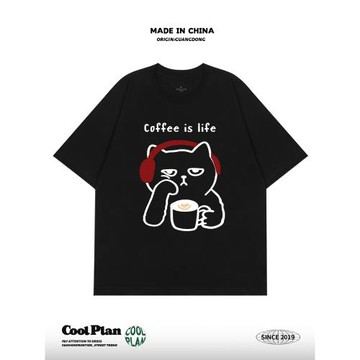 咖啡續命 美式貓咪咖啡印花復古寬松短袖慵懶半袖T恤情侶夏男女
