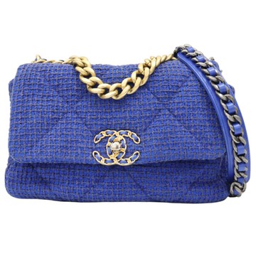 【二手名牌BRAND OFF】CHANEL 香奈兒 藍色 粗花呢 19 鍊帶 肩背包 金扣 AS1160