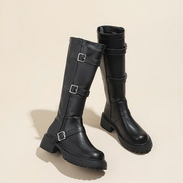 VIVILIAN復古方扣圓頭粗跟顯瘦顯高百搭長靴