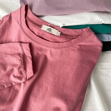 100%純棉圓領T恤女新款秋冬洋氣寬松內搭純色長袖打底衫潮