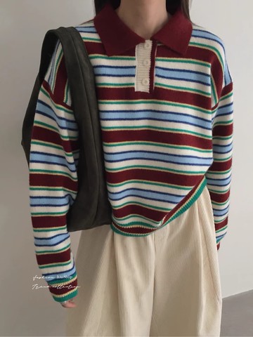 翻領條紋毛衣／日系撞色厚實針織－【350695】