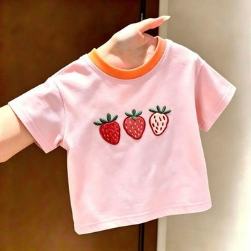 Healthy baby 兒童夏季新款仿刺繡印花可愛草莓卡通短袖T恤男女童百搭純色上衣 女童短袖 儿童短袖 短袖