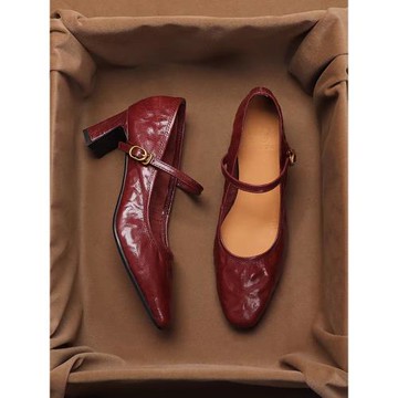 香港酒紅色高跟鞋真皮女秋百搭不磨腳軟皮方頭粗跟瑪麗珍單鞋淺口