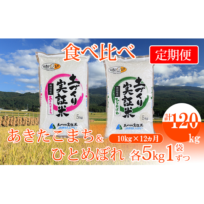 〈定期便〉 あきたこまち＆ひとめぼれ 食べ比べ 白米 10kg（各5kg）×12回 計120kg 12ヶ月 令和5年 精米 土づくり実証米 毎年11月より 新米 出荷