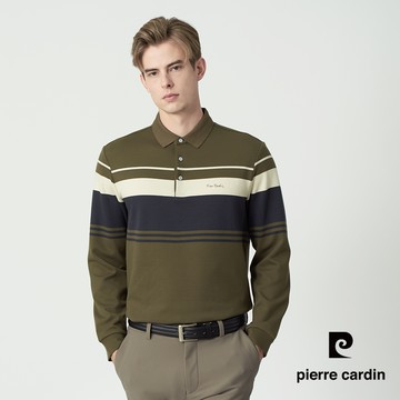 【pierre cardin 皮爾卡登】男款 條紋撞色長袖POLO衫-綠色 (5255230-47)