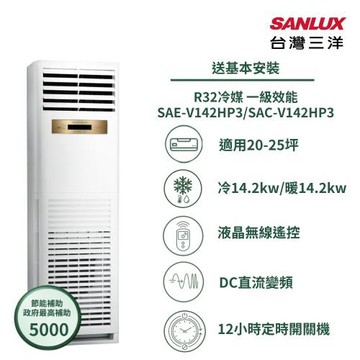 【SANLUX 台灣三洋】家電速配 落地型 20-25坪 超越現行一級能校標準一級變頻落地型冷暖氣SAE-V142HP3/SAC-V142HP3