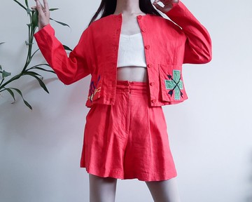 JEAN CHARLES de CASTELBAJAC 紅色亞麻 2 件套復古夾克和短褲套