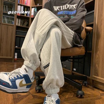 灰色束腳衛褲潮牌男秋季美式vibe風休閑褲子春秋款寬松休閑運動褲