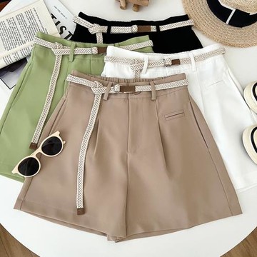 時尚氣質百搭純色松緊高腰顯瘦西裝短褲闊腿褲a字休閑褲配皮帶女