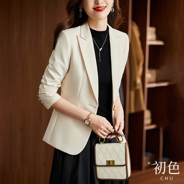初色 收腰顯瘦單扣長袖翻領純色西裝外套-共3色-60544(M-2XL可選)