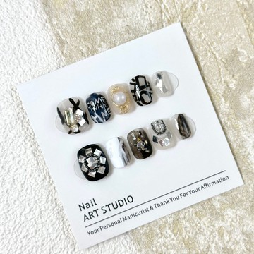 ✨Hannah✨【染墨】黑色字母魔鏡粉鏈條甜酷風格ins純手工穿戴甲可拆卸純手工穿戴甲 11GE