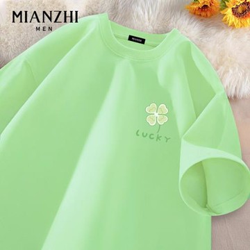 棉致國潮鳳凰國風純棉短袖t恤男薄荷綠夏季新款寬松大碼休閑半袖