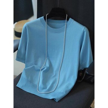 通勤優雅純色圓領冰絲短袖針織衫2025夏季休閑百搭t恤松弛感上衣