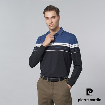 pierre cardin 皮爾卡登 男款 定位橫條長袖POLO衫-藍色(5245209-37)