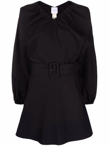 Patou - balloon-sleeve belted mini dress - women - Cotton - 42 - Black
