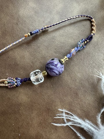 BB118 民族風 蠟線編織 紫龍晶珠 白水晶珠 手環 (可調長度)