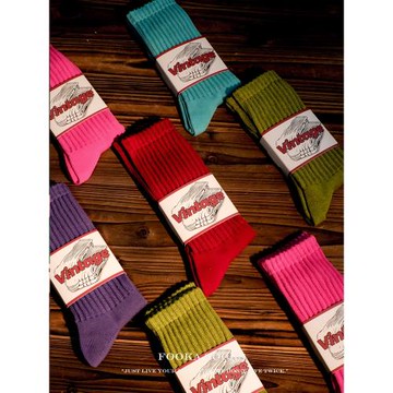 Fooka 亮色中筒襪抽條日系堆堆襪男女同款中性純色美式復古運動襪