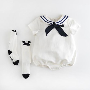 春夏裝韓版嬰兒連體衣短袖海軍領哈衣新生兒純棉包屁衣寶寶水手服